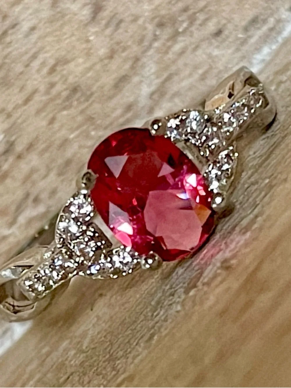 Ruby-tone Red Crystal Gemstone Solitaire Ring w Pavé Accents in Polished Silver